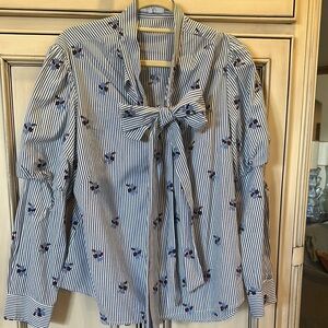 Pearl by Lela Rose Striped Pussybow Blouse with Embroidered Details